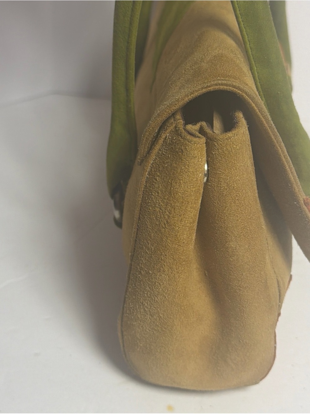 Vintage Y2K Via Spiga Tan Green & Burnt Orange Goat Suede Shoulder Purse - Picture 7 of 16